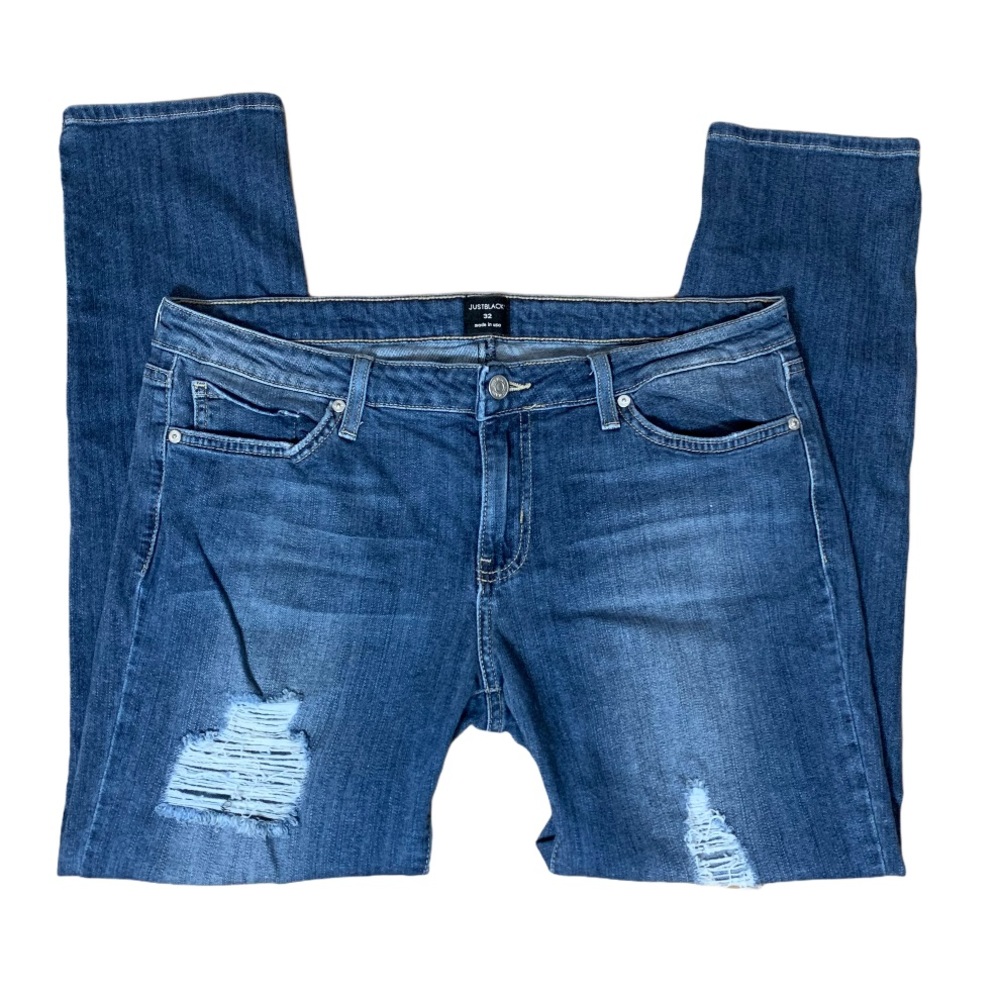 JustBlack distressed straight leg blue denim jeans